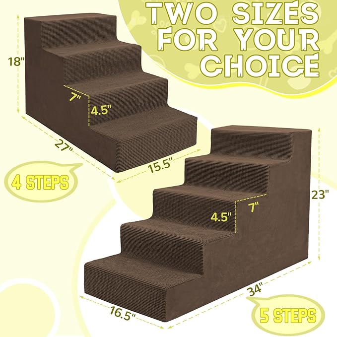 Niubya Dog Stairs for Small Dogs and Cats,18'H Non-Slip Bottom Pet Steps for High Beds and Couch,High-Density Foam Pet Stairs Brown,4 Steps