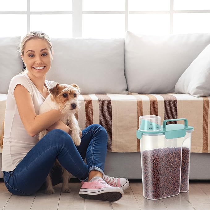 5-7Lbs Dog Cat Food Storage Container with Upgraded Large Nozzle BPA-free, 4 Snap Seals Plastic Pet Food Storage Containers with Handles (Elegant Blue, 5L-2pack)