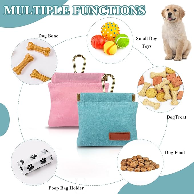 2Pcs Dog Treat Pouches for Pet Training, Hand Free Puppy Dogs Treat Bag with Carabiner, Portable Auto Closing Pet Dog Walking Bag for Travel or Outdoor Use, Pets Feed Snack Reward Pocket- Pink, Green