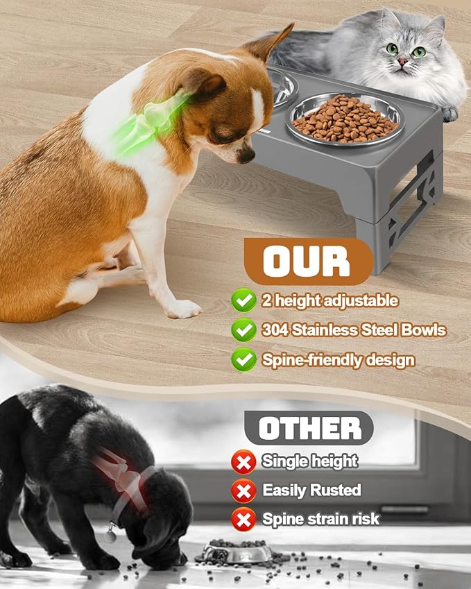Elevated Dog Bowls for Small Dogs and Cats, Non-Slip Cat Bowls with 2 Thick 5.5" Stainless Steel Dishes, Dog Feeder 2 Heights Adjustable to 2.6"-5.3"