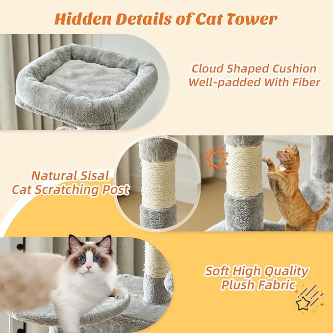 DUMOS Small 44 Inch Cat Tree Tower, Cat Climbing Tower with Natural Sisal Scratching Posts, Hammock, Pet Condo for Indoor Cats and Kittens Play, Light Grey