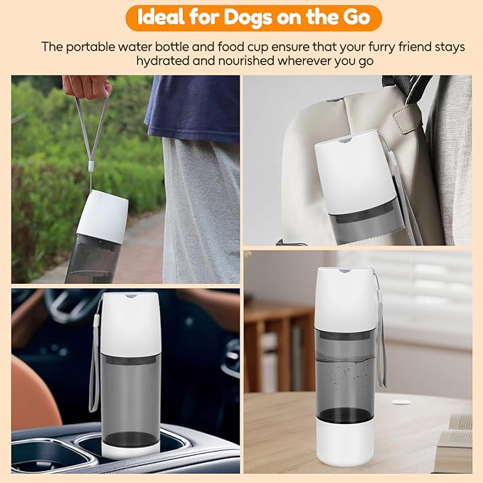 Portable 12 oz Dog Water Bottle with 4 oz Food Container for Dogs Puppy Cats, Leak Proof Pet Water Dispenser Feeder Drinking Bowl for Outdoor Walking Hiking Travel