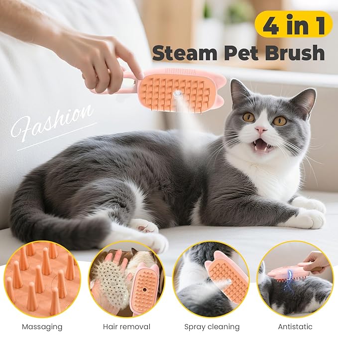 Cat Steam Brush for Shedding, 4 in 1 Rechargeable Steam Brush for Cats and Dogs, Anti-Static, Massage, flea comb for cats& Pet Removal Hair Glove,Shedding & Combing All In One!(Pink)