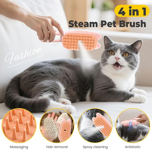 Cat Steam Brush for Shedding, 4 in 1 Rechargeable Steam Brush for Cats and Dogs, Anti-Static, Massage, flea comb for cats& Pet Removal Hair Glove,Shedding & Combing All In One!(Pink)