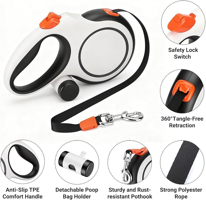 Segarty 26 Ft Walking Lead for Dogs 66 lbs - 110 lbs, 360°Tangle-Free 8m Retractable Long Leash with Detachable Poop Bag Holder for Pets Walk Outside, Anti-Slip Handle and One-Handed Brake Pause Lock