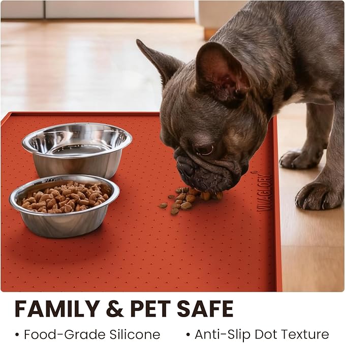 VIVAGLORY Dog Bowl Mat Grippymat Pet Food Mat, Waterproof Washable Nonslip Silicone for Pet & Cat, Food and Water Placemat with Lip & Raised Edges for Indoor Floor, L, Orange