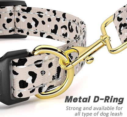 Reflective Dog Collar for Medium Dogs, Cute Leopard Style Adjustable Heavy-Duty Nylon Puppy Collar for Boy and Girl Female, Soft Pet Accessories with Quick Release Buckle, Beige