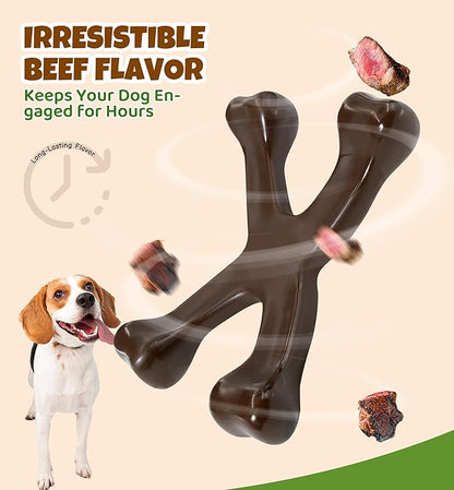 Tough Dog Chew Toy for Aggressive Chewers, Indestructible Beef Flavor Nylon Bone, Durable Dental Toy for Teeth Cleaning & Anxiety Relief, for Small Medium Large Dogs, Keep Them Busy (Brown-X)