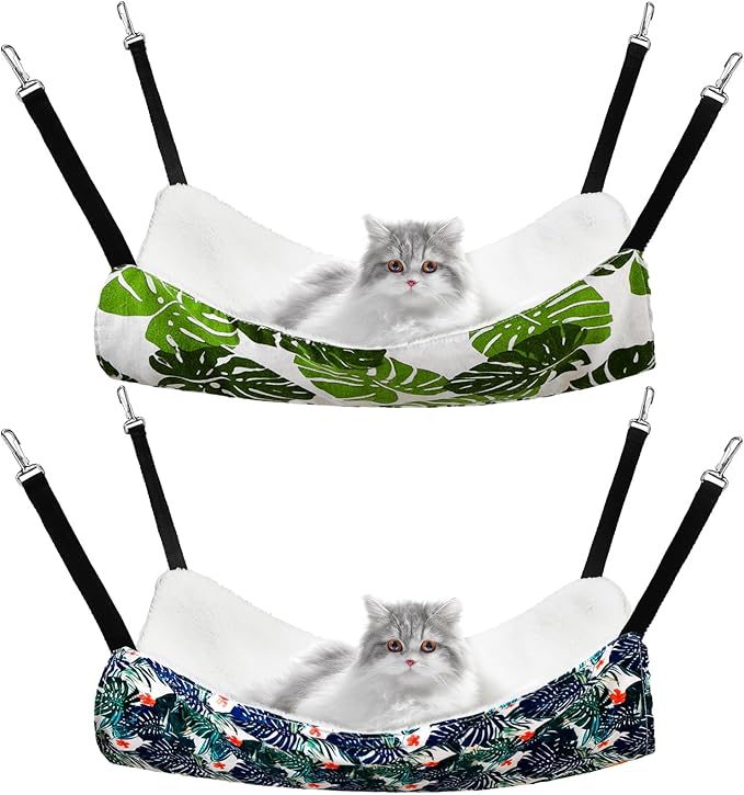 Jetec 2 Pack Cat Hammock for Cage, Catio Accessories Reversible Soft Cats Bed with Adjustable Straps and Hooks Double-Sided Linen and Fleece Hanging Hammock for Cats, Kitten(Monstera Leaf,L)