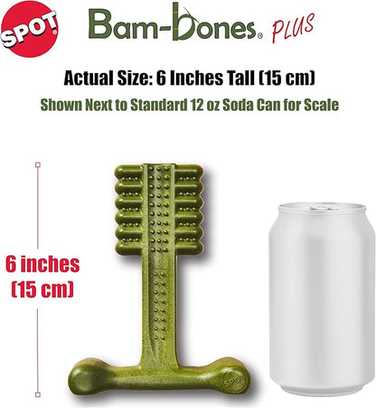 SPOT Bam-Bones Plus Toothbrush Dog Chew Toy, Durable Bamboo Fiber & Nylon Dental Chew, Fresh Mint & Baking Soda for Dental Care, Easy-to-Grip T-Bone Shape, for Heavy Chewers Under 60 lbs, 6 Inch