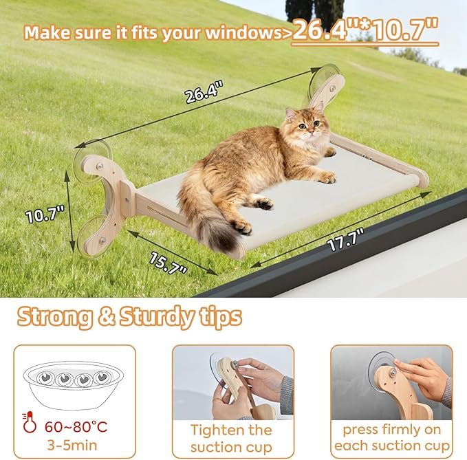 Cat Window Perch, Adjustable 4 in 1 Cat Hammock, Cats Window Bed for Windowsill, Bedside, Floor, Reinforced Wood and Metal Frame,4 Strong Suction Cups, Cordless Design(Grey, 18inch)