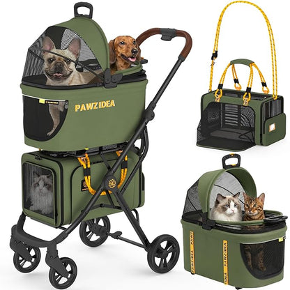 PAWZIDEA Double Pet Stroller with 2 Detachable Carrier, Lightweight Portable Travel Crate & Car Seat Combo & TSA-Approved Expandable Carrier, Foldable Jogger Stroller for 2–4 Cats or Small/Medium Dogs