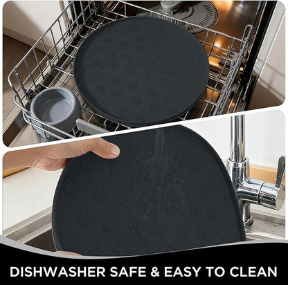 Comtim Waterproof Dog Food Mat - 2 Pack Silicone Pet Food Mat Dog Food Bowl Mats Cat Water Mats Eating Tray, Non-Slip Pet Placemat with Lip for Messy Drinkers to Protect Floor, Black 11"×11"