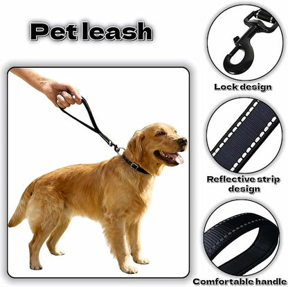 Heavy Duty Nylon Dog Leash with Padded Handle, Black Reflective Short Lead, 12 Inch for Medium Large Dogs, Double Layer Durable Walking Training