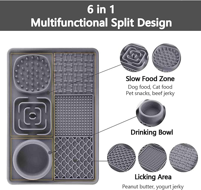 6-in-1 Silicone Pet Feeding Mat,Slow Feeder Bowl with Lick Pad with Non-Slip Suction Base for Cats & Dogs,Healthy Eating,Treat & Water Station,Dishwasher Safe (12x8 Inches)