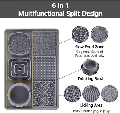 6-in-1 Silicone Pet Feeding Mat,Slow Feeder Bowl with Lick Pad with Non-Slip Suction Base for Cats & Dogs,Healthy Eating,Treat & Water Station,Dishwasher Safe (12x8 Inches)