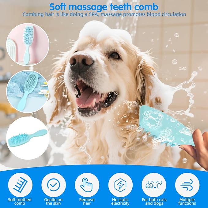 Aglads 8PCS Cat Rabbit Bunny Dog Grooming Kit,Self-Cleaning Brush,Nail Clipper,Grooming Glove,Massage Brush,Flea Comb,Towel&Travel Bag,Complete Grooming Tools for Long&Short Haired Pets(8, blue)