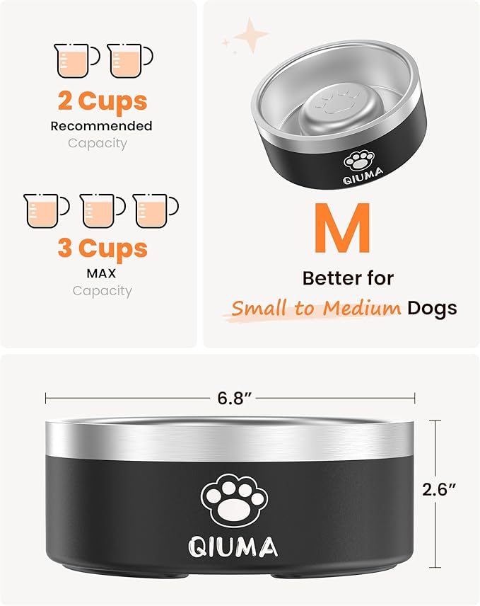 Slow Feeder Dog Bowls Stainless Steel, Food-Grade 304 Dog Slow Feeder Bowl 2 Cups Capacity, Heavy Duty Double-Layer with Non-Slip Base, Pet Puzzle Bowl for Small & Medium Dogs (Black)