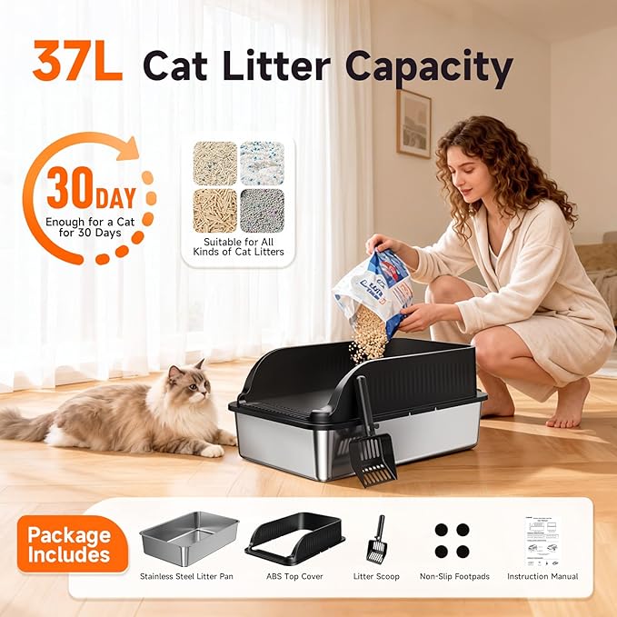 Stainless Steel Cat Litter Box, Extra Large XL Odor Free Metal Litter Box with High Sides Lid, Open Top Litter Pan Include Scoop Easy Cleaning Anti-Scratch Kitty Cat Box Anti-Urine Leakage, Non-Sticky