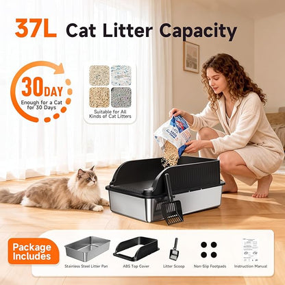 Stainless Steel Cat Litter Box, Extra Large XL Odor Free Metal Litter Box with High Sides Lid, Open Top Litter Pan Include Scoop Easy Cleaning Anti-Scratch Kitty Cat Box Anti-Urine Leakage, Non-Sticky