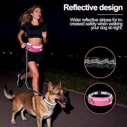 Hands Free Dog Leash with Zipper Pouch, Waist Leash for Dog Walking and Running, Dual Padded Handles, Shock-Absorbing Bungee for Medium to Large Dogs (Pink)