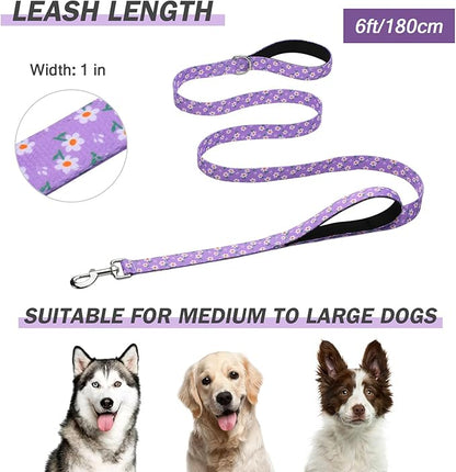 Hikiko Cute Girl Double Handle Dog Leash 6 Foot Padded Traffic Handles for Walking Training (Purple Floral, 6ft)