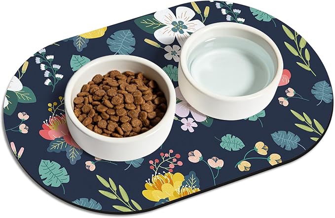 20''x12'' Absorbent Cat Feeding Mat, Pet Water Mats Protect Floor, No Stains Quick Dry Pet Placemats for Food and Water Bowl, Non-Slip Base Cats Bowl Mats for Messy Drinkers, Dark Blue Floral