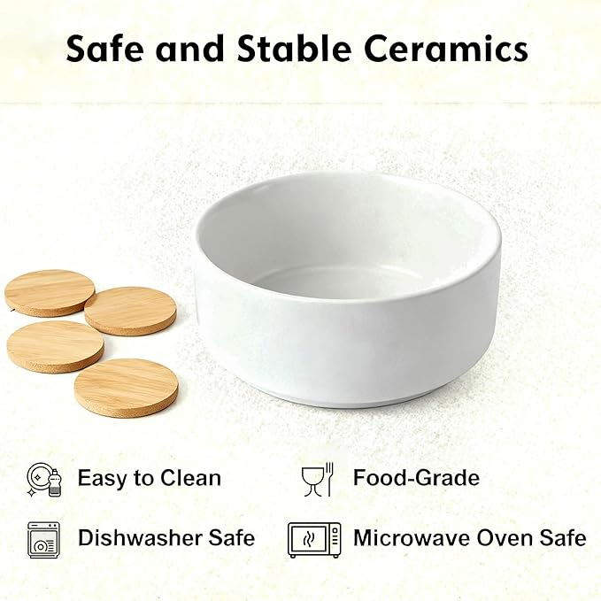 Elevated/Raised Ceramic Dog Bowl with Bamboo Stand,8 inch 7.6 Cups Non-Slip Heavy-Weighted Single Pet Dish,Reduces Neck Strain White