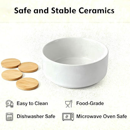 Elevated/Raised Ceramic Dog Bowl with Bamboo Stand,8 inch 7.6 Cups Non-Slip Heavy-Weighted Single Pet Dish,Reduces Neck Strain White
