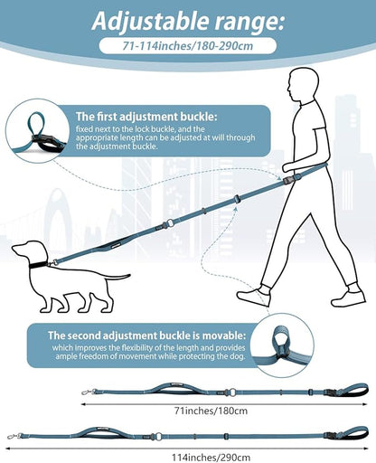 Hands Free Dog Leash & Car Seatbelt, 5.9-9.5ft Crossbody Dog Belt with Dual Soft Handles, Shock-Absorbing, 360° Clip, Reflective Design for Walking, Running, Hiking, Travel. (Ink Blue)