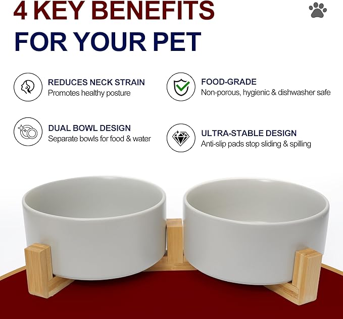 Dog Food Bowl, 13.5 oz Ceramic Food and Water Bowls for Dogs, Pet Dishes Set with Wood Stand, for Small Size Dog and Cat, No Spill Feeding Station with Weighted Base, Grey