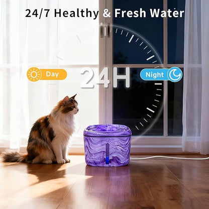 Cat Water Fountain Purple: Automatic Flower Pet Water Fountain for Cats Indoor-84oz/2.5L, Cute Cat Fountain for Drinking, LED Blue Light, Upgraded Ultra Quiet Pump, Gifts for Cats, Dogs (8Filters)