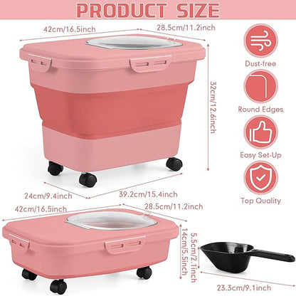 Juexica Collapsible Cat Litter Storage Bin Container with Rolling Casters, 20 Lbs Portable Cat Litter Storage Container with Airtight Lids, Shovel, Kitchen Cereal Rice Leakproof Sealable(Red)