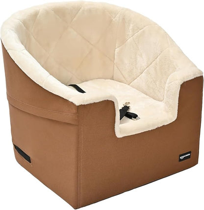 Amazon Basics Dog Car Seat Booster for Small Dogs up to 25lbs, Washable Removable Cover, Safety Leash, Elevated View for Window, 18" x 18" x 16", Tan