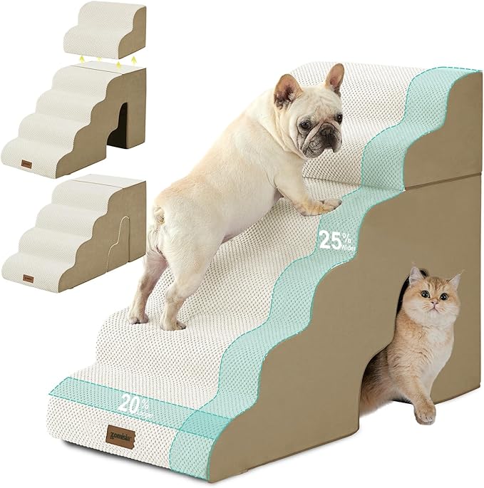Dog Steps for High Beds - 6 Step 29" H Pet Stairs with Tunnel 2 in 1 with Zippers Suitable for Large Dogs and Cats, Indoor Cat Ladders with Non-Slip Bottom, Beige
