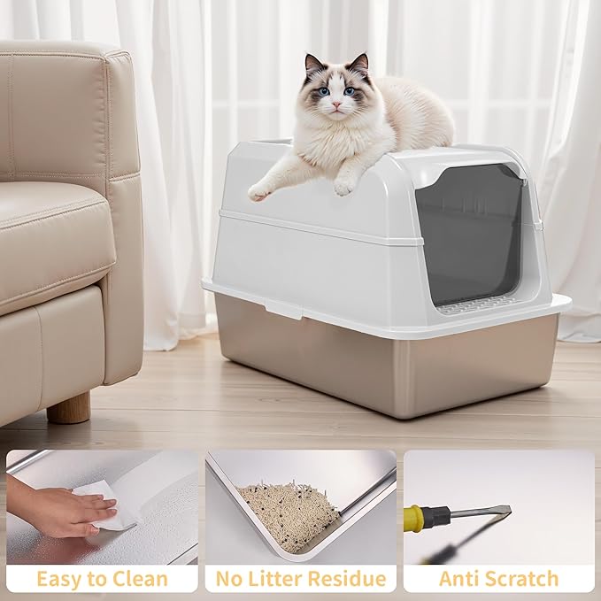 Stainless Steel Litter Box - XL Extra Large Cat Litter Box with Lid, Enclosed Metal Litter Pan with High Sided Enclosure & Scoop, Anti Leakage, Easy to Clean, Odor Control (White)
