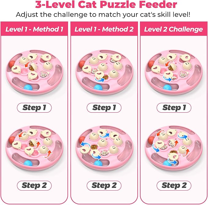 Cat Puzzle Toys Games Level 3 in 1 with Track Balls, Feather Teaser & Treat Feeder | Non-Slip Base | Mental Stimulation Enrichment for Indoor Cats | Kitty Gift, Pink