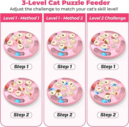 Cat Puzzle Toys Games Level 3 in 1 with Track Balls, Feather Teaser & Treat Feeder | Non-Slip Base | Mental Stimulation Enrichment for Indoor Cats | Kitty Gift, Pink