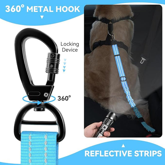 Pawaboo 2Pack 3-in-1 Dog Seatbelt for Car, Shockproof Bungee Dog Tether with 360° Lockable Buckle & Hook Latch, Adjustable Reflective Pet Safety Harness Leash for Vehicle, Black+Blue