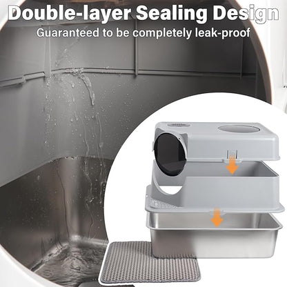 Stainless Steel Cat Litter Box with Lid,3IN1 Metal Litter Box High Sides for Big/Multiple Cats,Indoor,1-Mat and 1-Scoop,Easy to Clean, No Odor,Anti-Urine Leakage