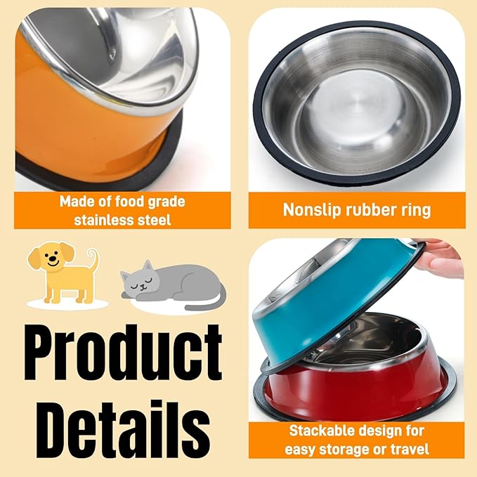 6 Pack Stainless Steel Cat Bowl, 6 Oz Mini Non-Slip Puppy Dog Feeding Bowl with Rubber Base, Small Reusable Shallow Pet Feeder Water Food Dishes for Breeds Under 4 LB (XS)