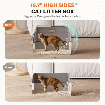 Stainless Steel Cat Litter Box with Scoop, Metal Litter Box High Sided, Cat Litter Box Enclosure, XL Extra Large High-Sided Litter Boxs (Anti-Urine Leakage, Include Scoop) (Grey)
