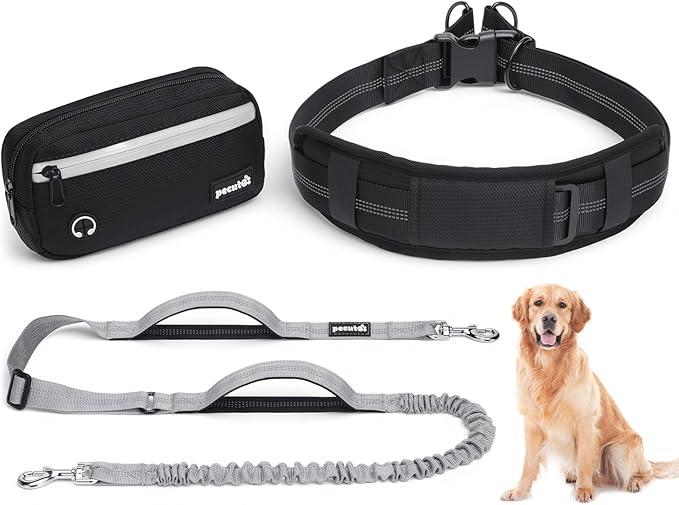Dog Leash Hands Free, Walking Waist Belt with Pouch Removable & Multifunctional|Shock Absorbing Bungee| Thickened Lumbar pad & Comfortable Dual Handles|Dog Running and Training,for 33-120lbs Dogs
