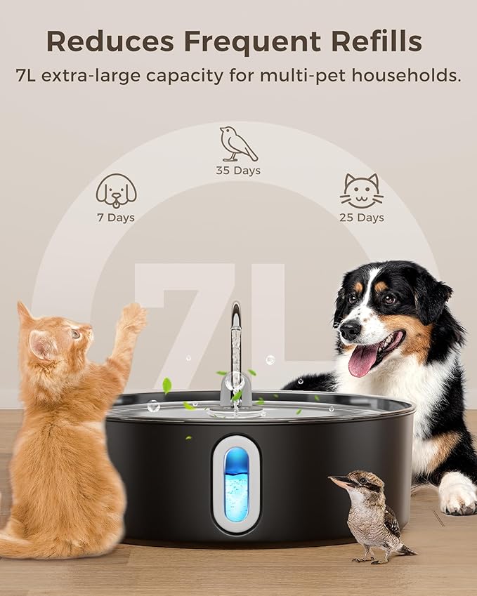 Stainless Steel Dog Water Fountain Bowl Cat Water Fountain with Replacement Filters, Great for Large Dogs Cats and Multi-Pet Home, 7L Large Pet Water Fountain Dispenser(Black)