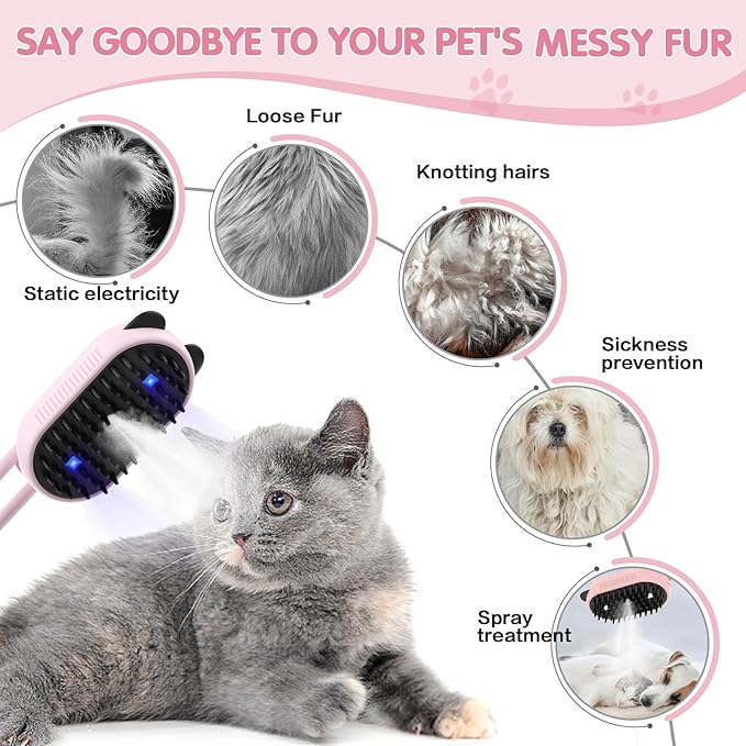 Cat Steam Brush for Shedding, 3-in-1 Rechargeable Pet Steaming Tool for Cats and Dogs, Misting Grooming Brush for Removing Loose Hair Tangled and Flying Fur, Skin-Friendly Silicone Bristles Pink