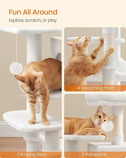 Feandrea Cat Tree, 44.1-Inch Cat Tower, Plush Multi-Level Condo with 4 Scratching Posts, 2 Perches, Hammock, Cave, Cream White UPCT261T01