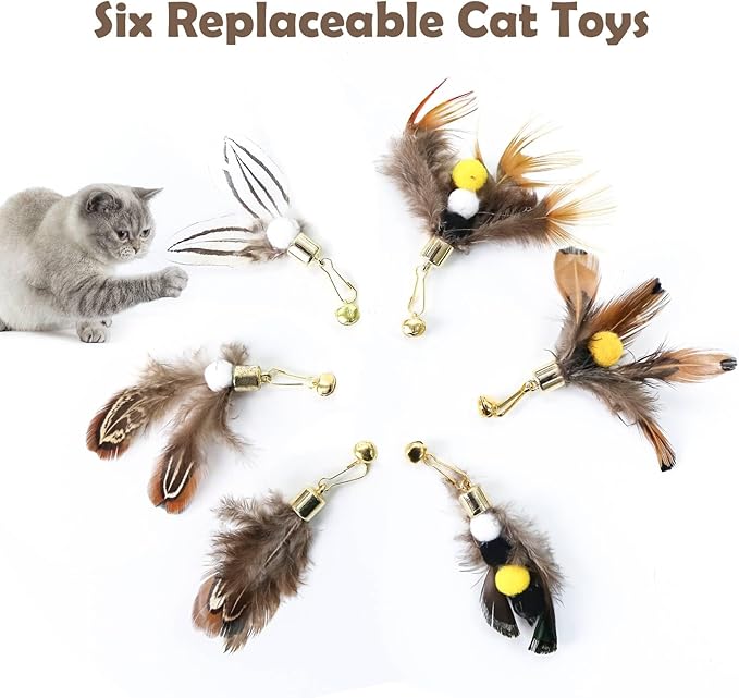 Cat Insect Feather Toys - Cat Wand and 6 Natural Insect Feathers Refill, Interactive Teaser with Bell