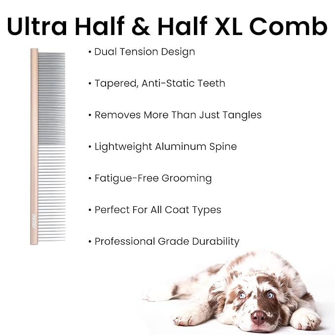 Fresh Ultra Half & Half XL Metal Pet Comb, Oval Aluminum Handle, Metal Grooming Comb for Dogs, 9.75"