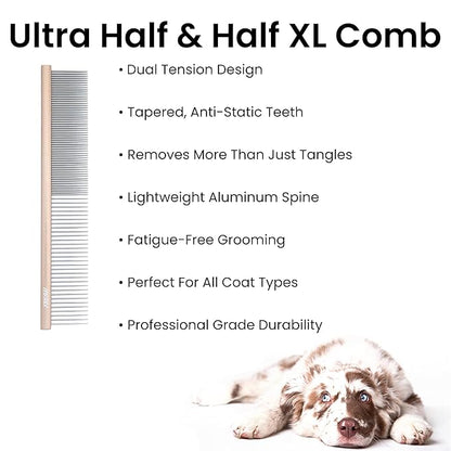 Fresh Ultra Half & Half XL Metal Pet Comb, Oval Aluminum Handle, Metal Grooming Comb for Dogs, 9.75"