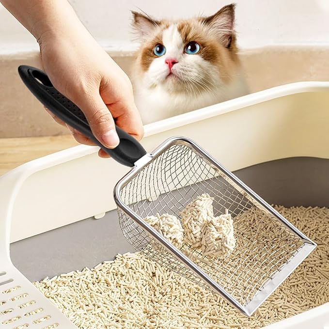 Cat Litter Scoop - Long Handle Scooper, Rustproof Stainless Steel Mesh, Non-Slip Grip, Deep Shovel Sifter for All Litter Types, Easy Clean Kitty Waste Litter for Litter Box(Red)